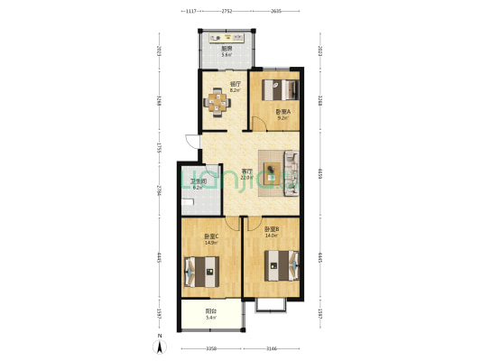 青年路69号院 3室2厅1卫 103平方