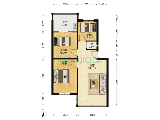 春晖路4号 3室1厅1卫 54平方