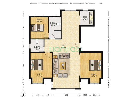 永盛花苑（西区） 3室1厅2卫 136平方