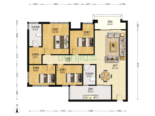 金辉中央铭著D区 4室1厅2卫 127平方