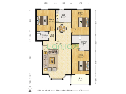 柳芳居小区 3室1厅2卫 130平方
