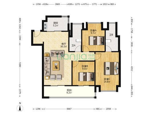 滨江道 3室1厅2卫 117平方