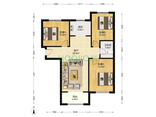 南北通透大三居 格局方正 独立防火门-户型图