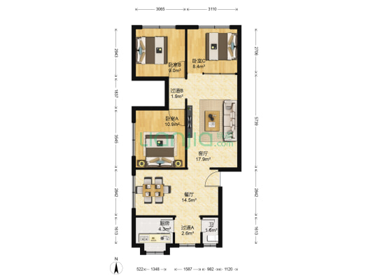 种子大院 3室2厅1卫 63平方