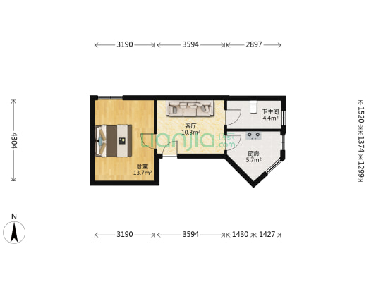 国风园 1室1厅1卫 44平方
