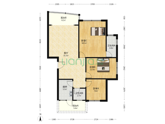 东联大道 3室1厅2卫 107平方