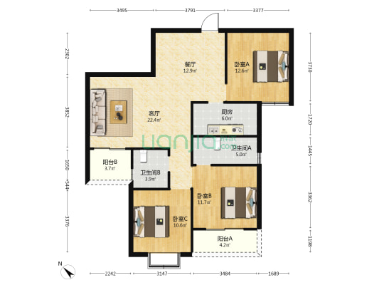 马街摩尔城 3室2厅2卫 123平方