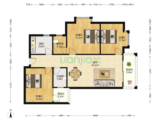 宏发商业广场 3室1厅1卫 112平方