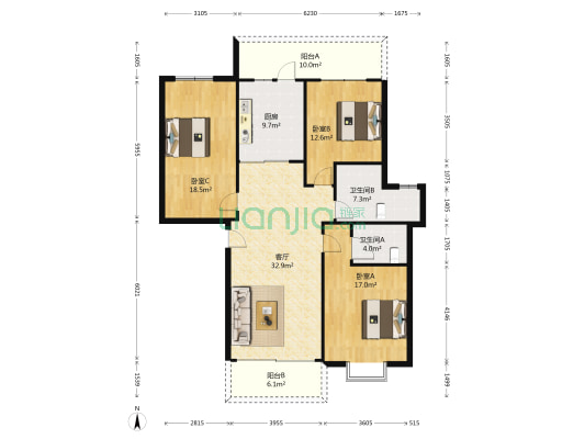 银湾华苑 3室1厅2卫 106平方