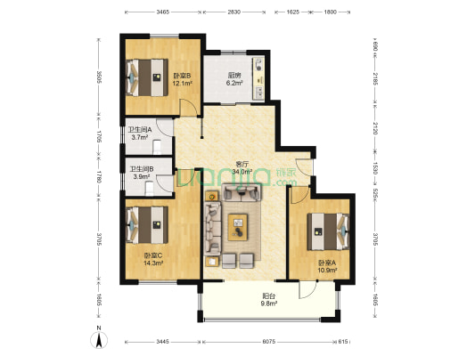 荣盛锦绣学府 3室1厅2卫 128平方
