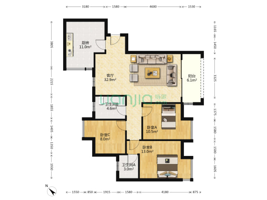 世纪金马生态城 3室1厅2卫 109平方