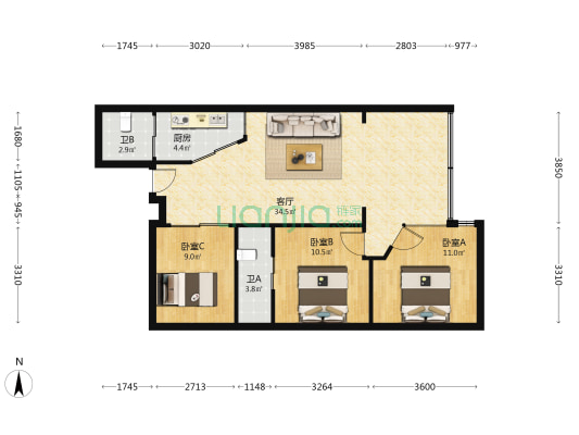 银华大厦(海珠) 3室1厅2卫 103平方