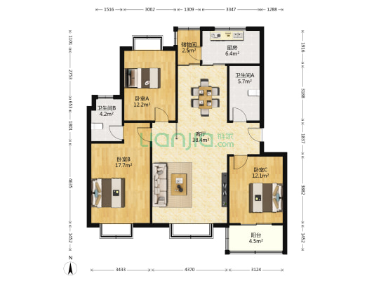 紫薇阁 3室1厅2卫 128平方