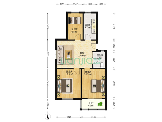 汇林阁西区 3室1厅1卫 76平方