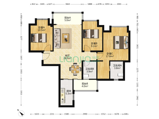 电建洺悦府 3室1厅2卫 115平方