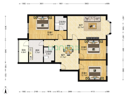 新世纪公寓1小区 3室2厅2卫 128平方