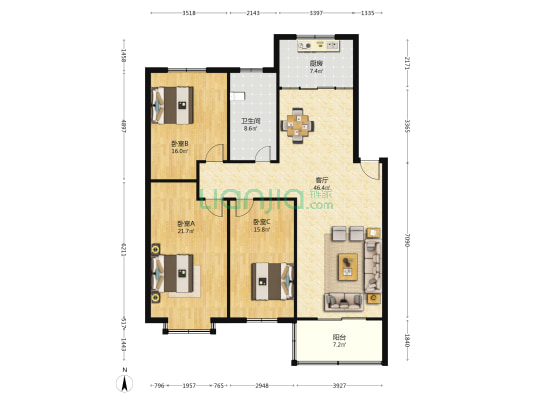 裕丰园 3室1厅1卫 150平方
