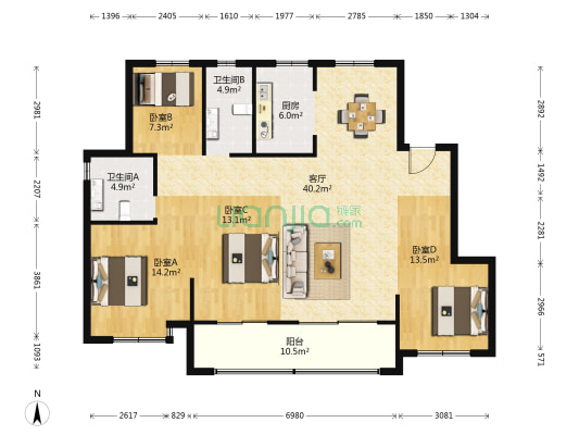 融创慈澜府 4室1厅2卫 140平方