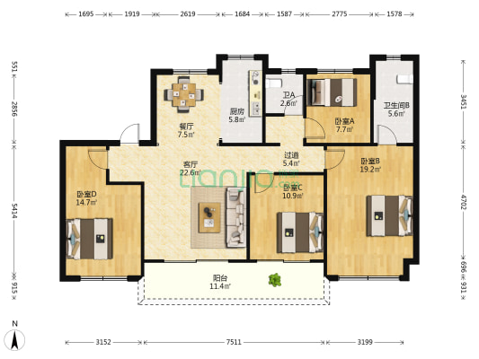 蓝光晶曜雅苑 4室2厅2卫 142平方
