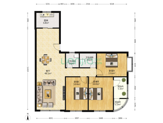 新华佳园 3室1厅2卫 141平方