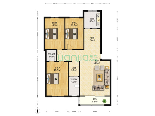 东源公司家属院 3室2厅2卫 143平方