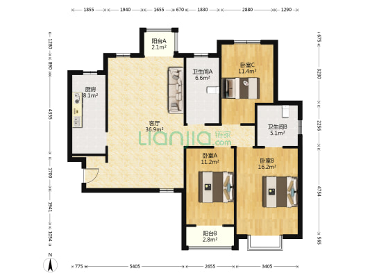 左岸景林长虹苑 3室1厅2卫 135平方