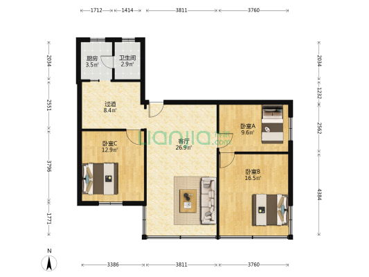 忠信路 3室1厅1卫 96平方