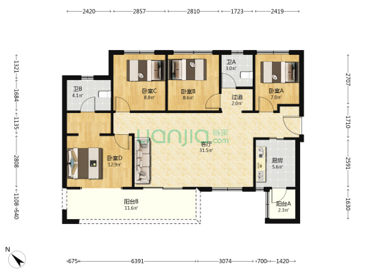 正黄翡翠堂 4室1厅2卫 120平方