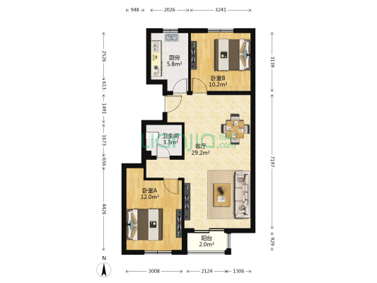 榆垡新城嘉园A区 2室1厅1卫 87平方