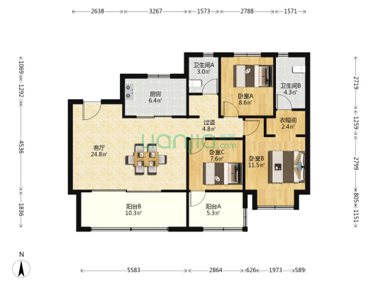 铂悦天汇东区 3室1厅2卫 116平方