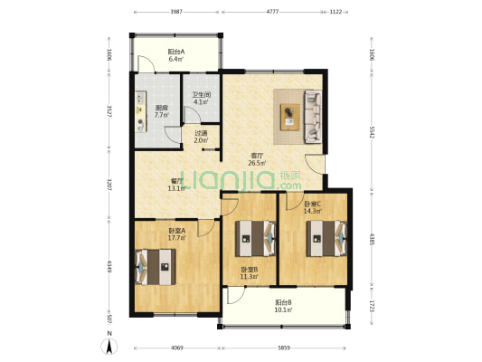 宇林苑 3室2厅1卫 121平方