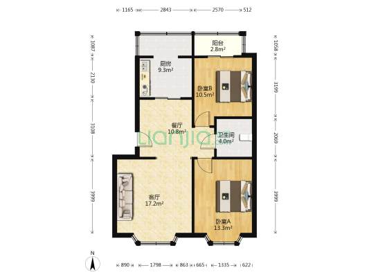 涿州开发区 双语旁 惠友康庭 通透两居室 房本满二-户型图