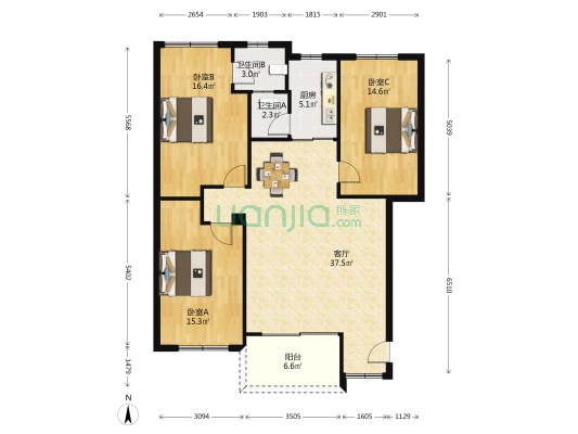 金辉花园 3室1厅2卫 111平方