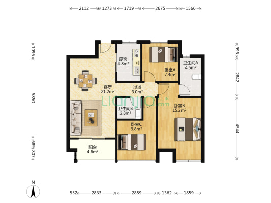 宋都丽郡国际 3室1厅2卫 89平方