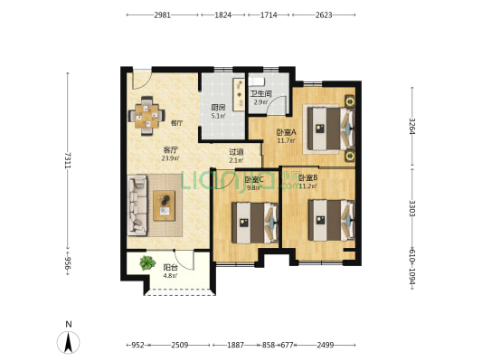 新城悦隽公园里 3室1厅1卫 97平方