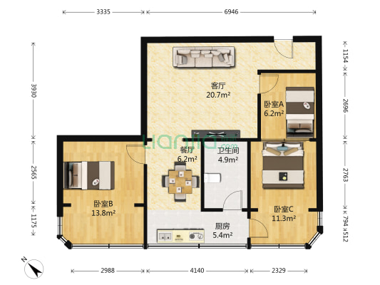 黔达花园 3室2厅1卫 77平方