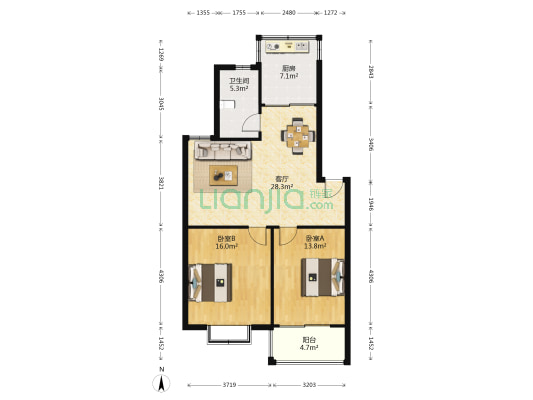 尚德城邦 2室1厅1卫 88平方