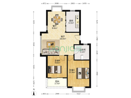 白马湖小区白鹤苑 2室2厅1卫 80平方