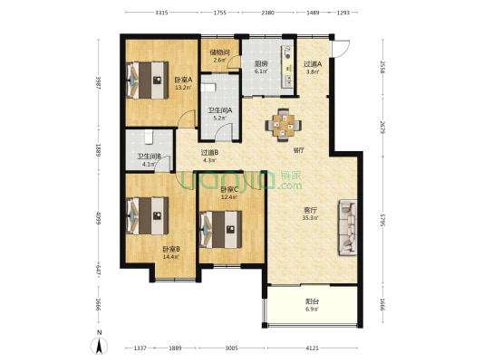 绿景花园 3室1厅2卫 125平方