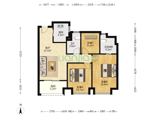瓯江国际新城瓯锦苑 3室1厅2卫 89平方