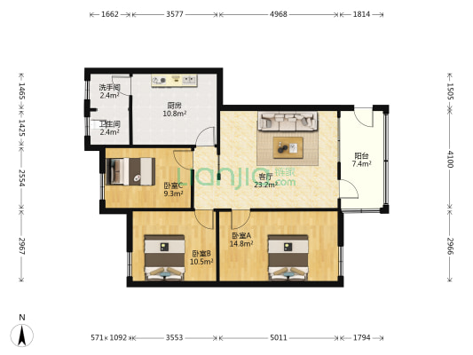 建安宿舍 3室1厅2卫 97平方