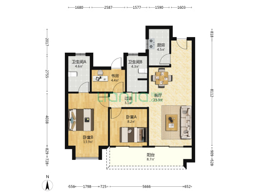 流云苑 3室1厅2卫 103平方
