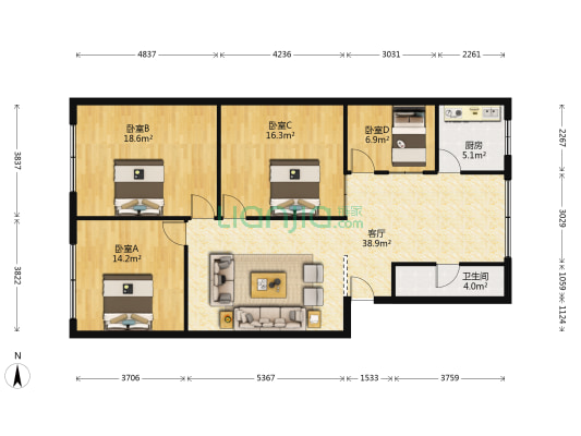 华光街54号 4室1厅1卫 120平方