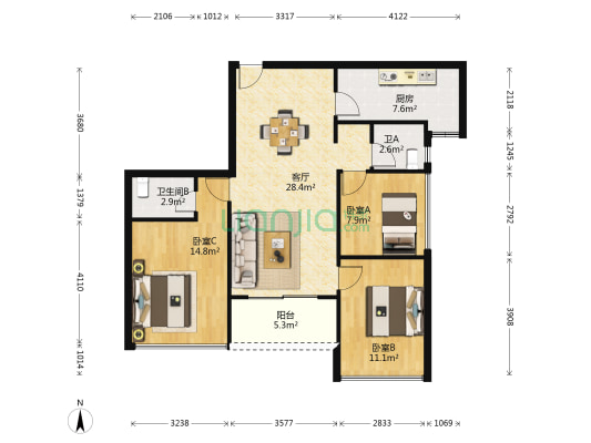 山海四季城·公园道 3室1厅2卫 80平方