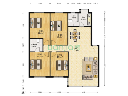新天小区 4室1厅2卫 140平方