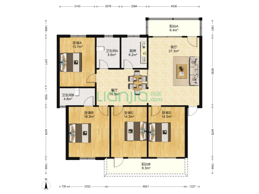 华区公寓 4室2厅2卫 136平方