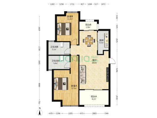 龙棠大观 2室1厅2卫 99平方