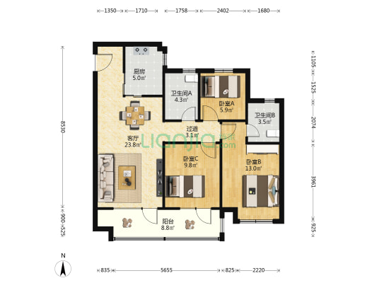 昆仑府 3室1厅2卫 110平方