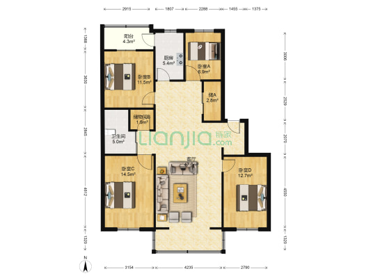 剑苑小区二期 4室1厅1卫 140平方