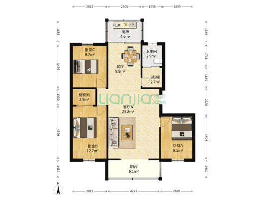 越康新园 3室2厅1卫 107平方